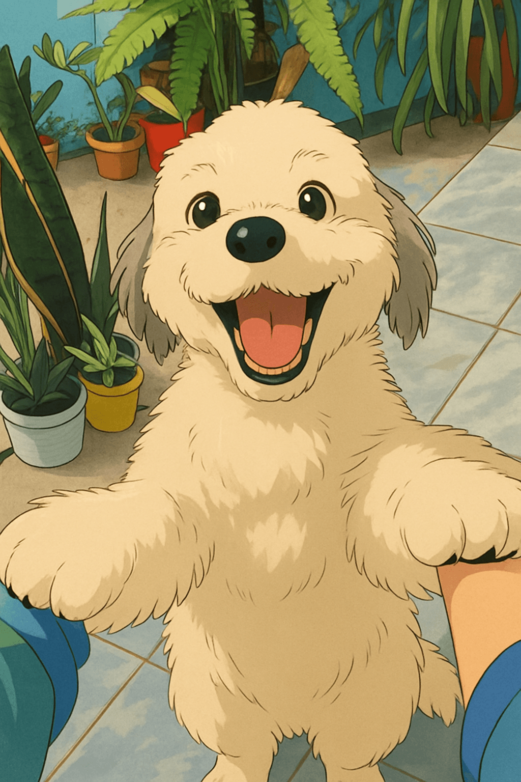 Foto estilo Ghibli de um cachorro com os dois braços levantados.
